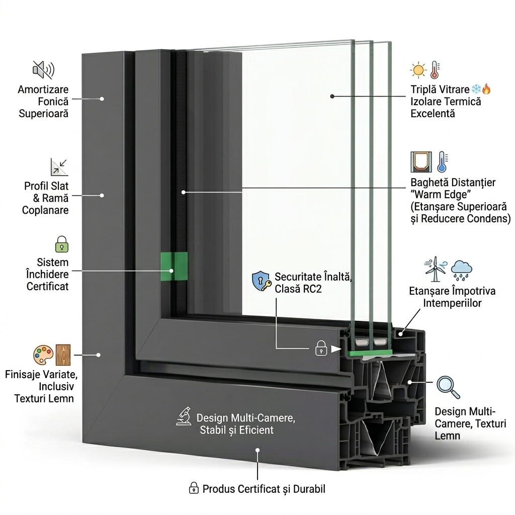 Profil Rehau Artevo — secțiune transversală cu triplă vitrare, cercevea coplanară și sistem multi-camere