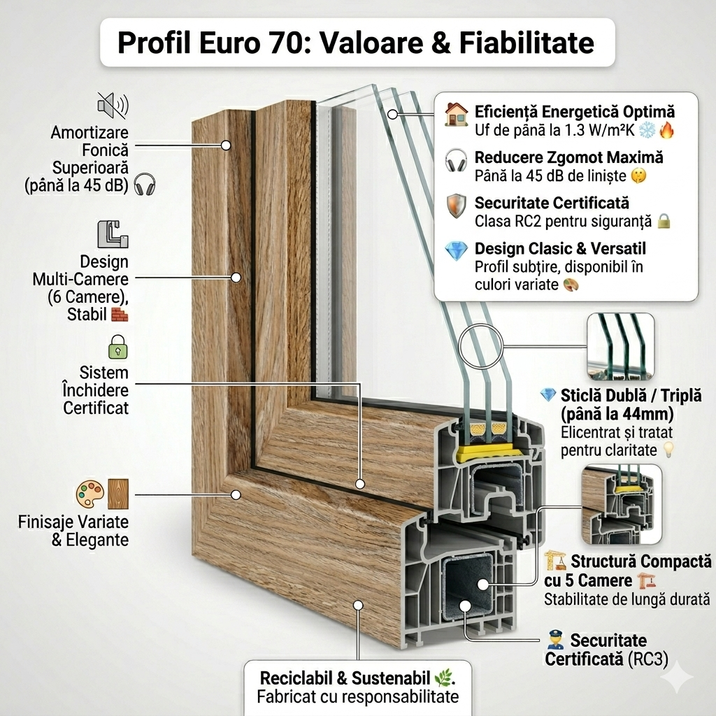 Secțiune transversală profil Rehau Euro Design 70 — 5 camere, finisaj laminat efect stejar