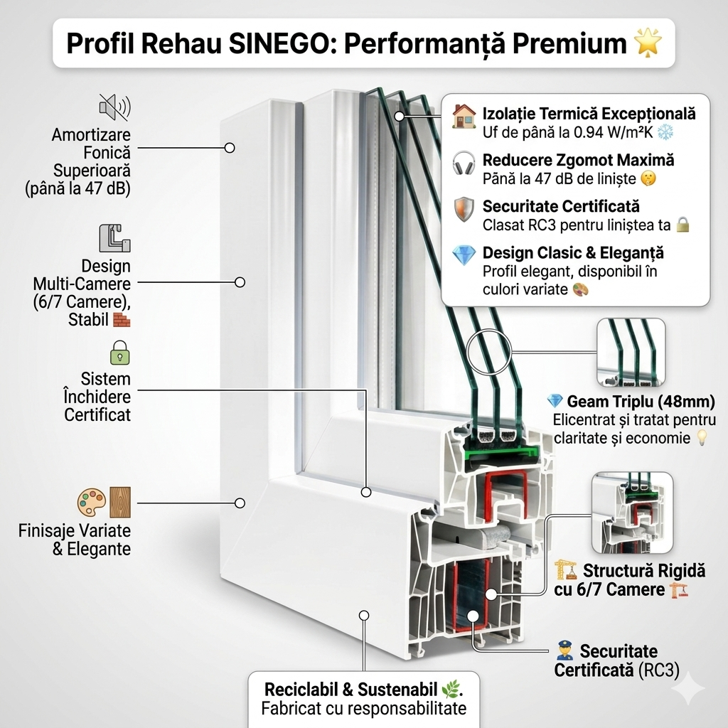 Secțiune transversală profil Rehau Synego 80mm — 7 camere izolare cu triplă vitrare