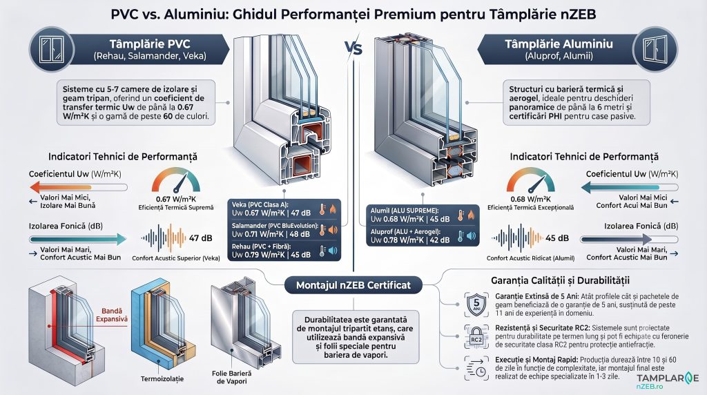 PVC vs Aluminiu: comparație performanță tâmplărie nZEB — coeficient Uw, izolație fonică, montaj tripartit certificat și garanție
