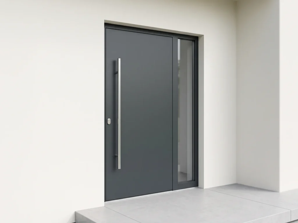 Ușă de intrare din aluminiu antracit cu mâner vertical și panou lateral vitrat