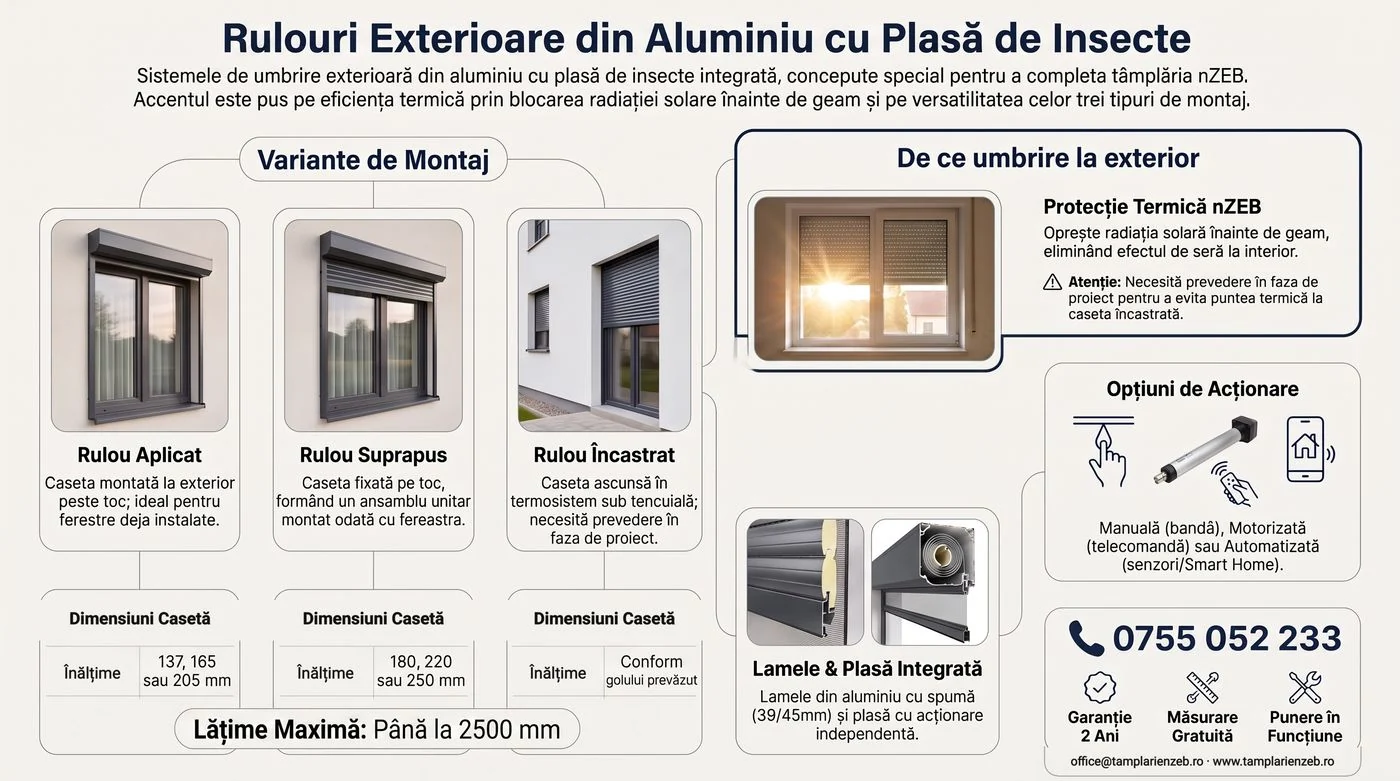 Infografic: rulouri exterioare din aluminiu cu plasă de insecte pentru tâmplărie nZEB