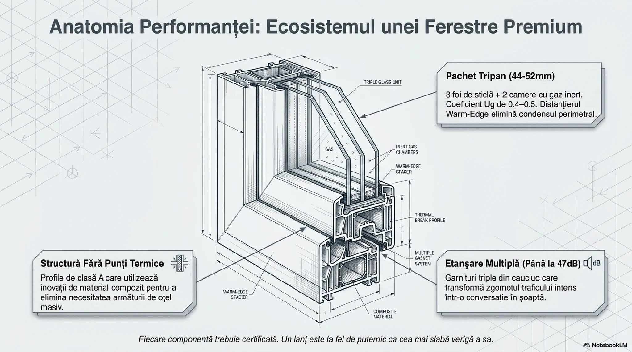 Anatomia unei ferestre premium nZEB: pachet tripan, profil fără punți termice, garnituri
