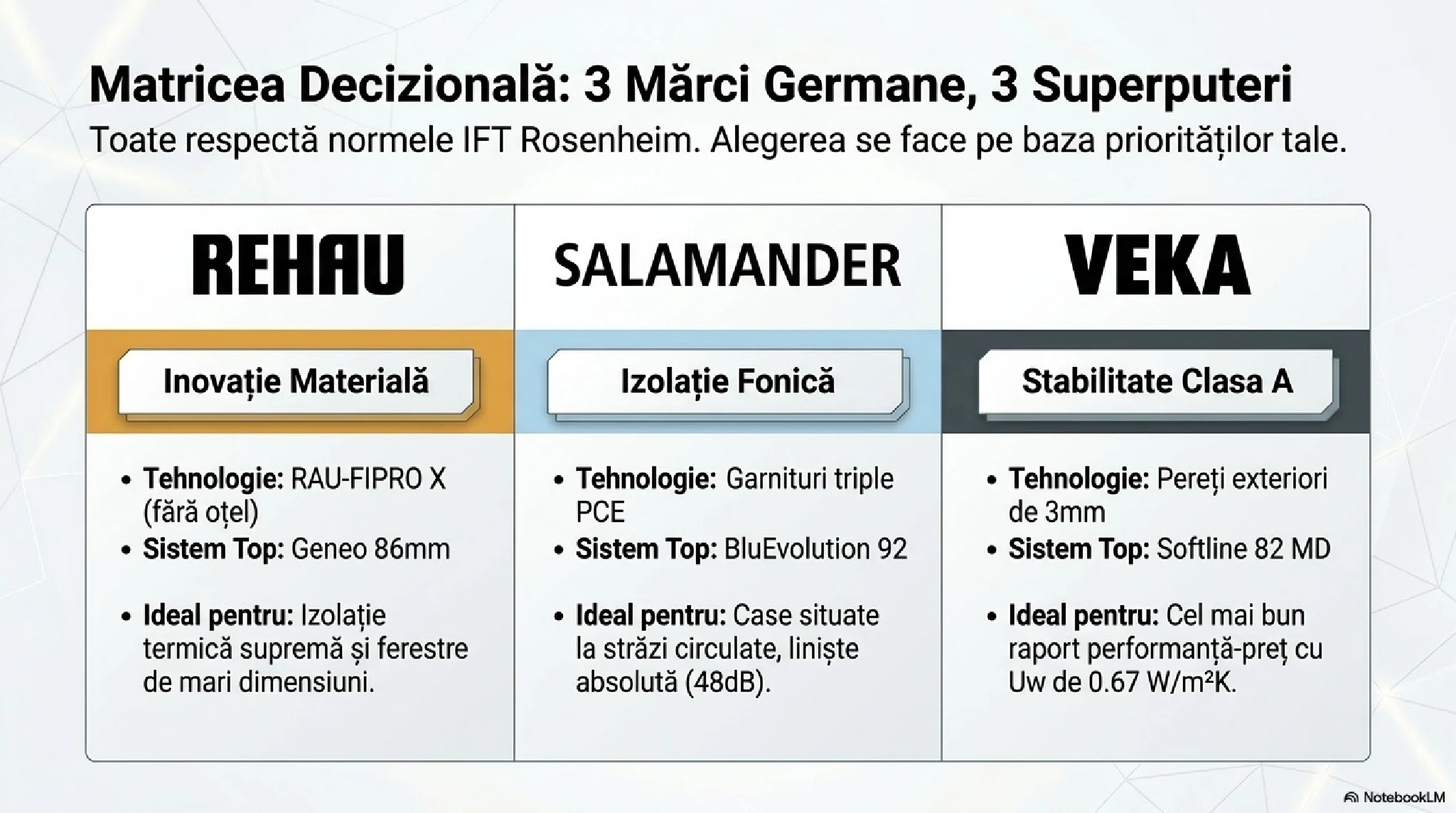 Matrice decizională: comparație Rehau, Salamander și Veka