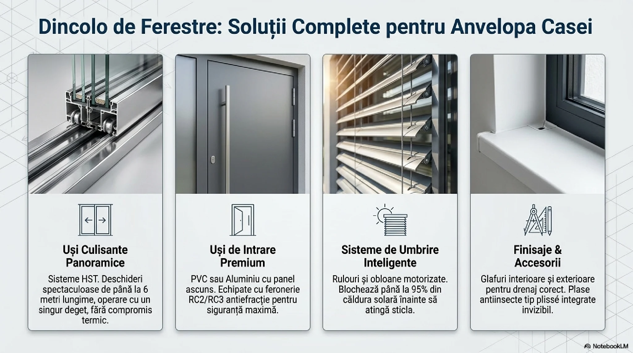Soluții complete pentru anvelopa casei: uși culisante, uși de intrare, umbrire, glafuri
