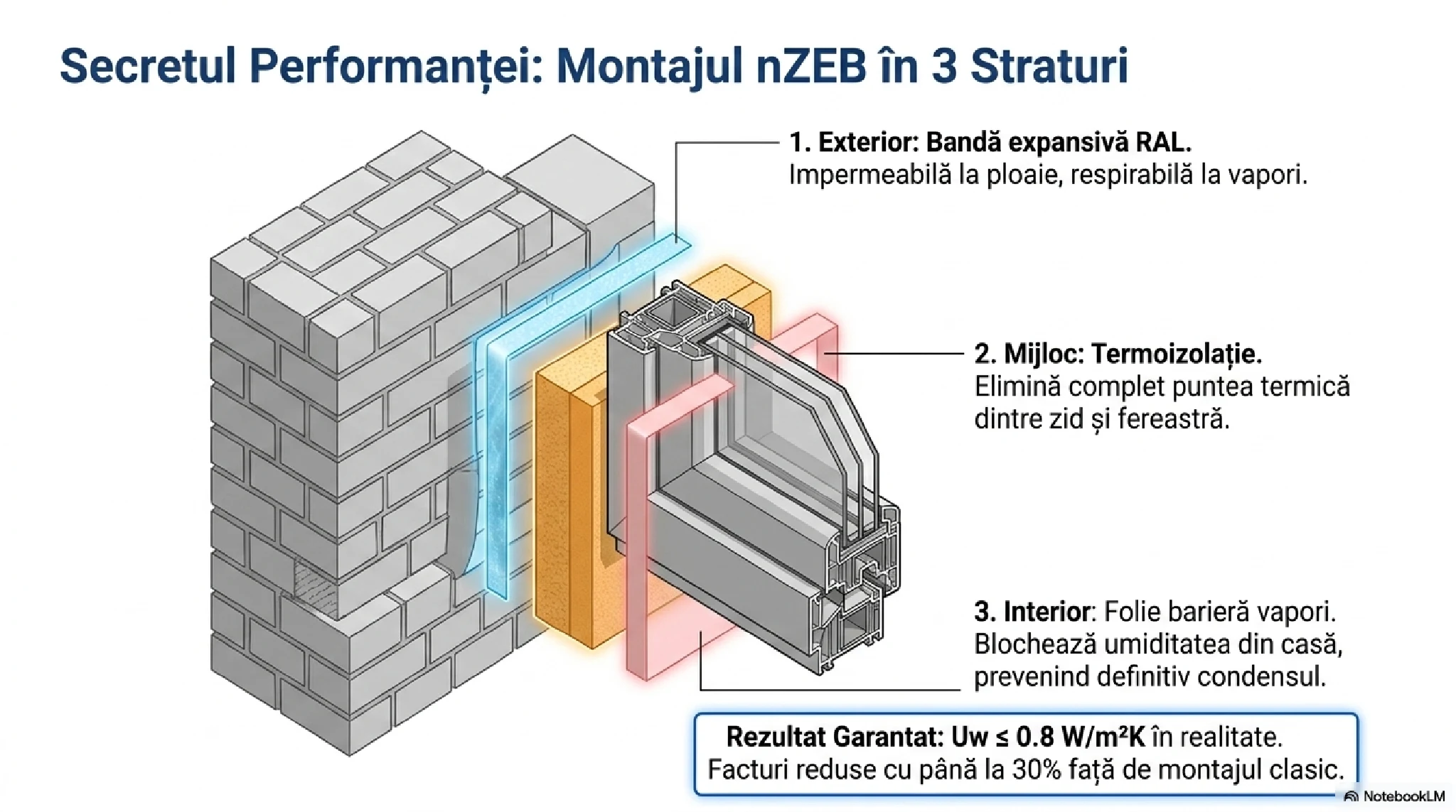Montajul nZEB în 3 straturi: bandă expansivă, termoizolație, folie barieră de vapori